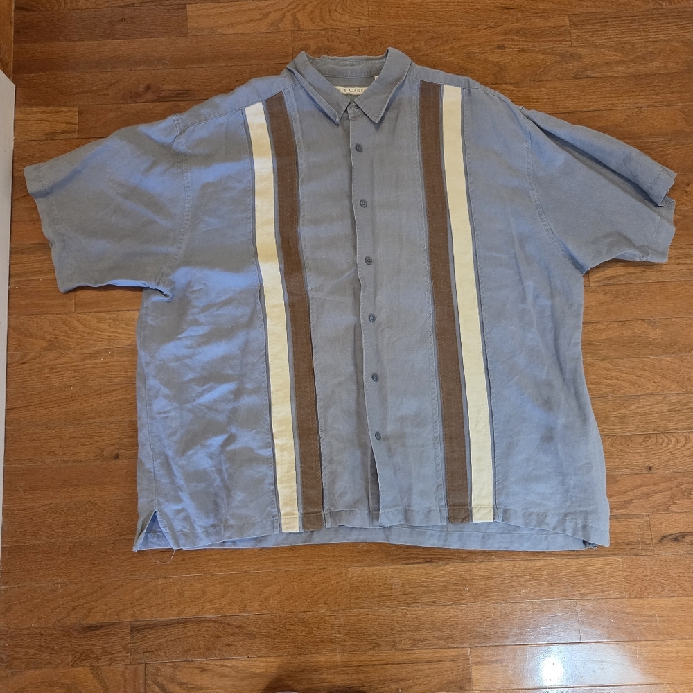 Casual Blue Shirt with Brown and Cream Stripes